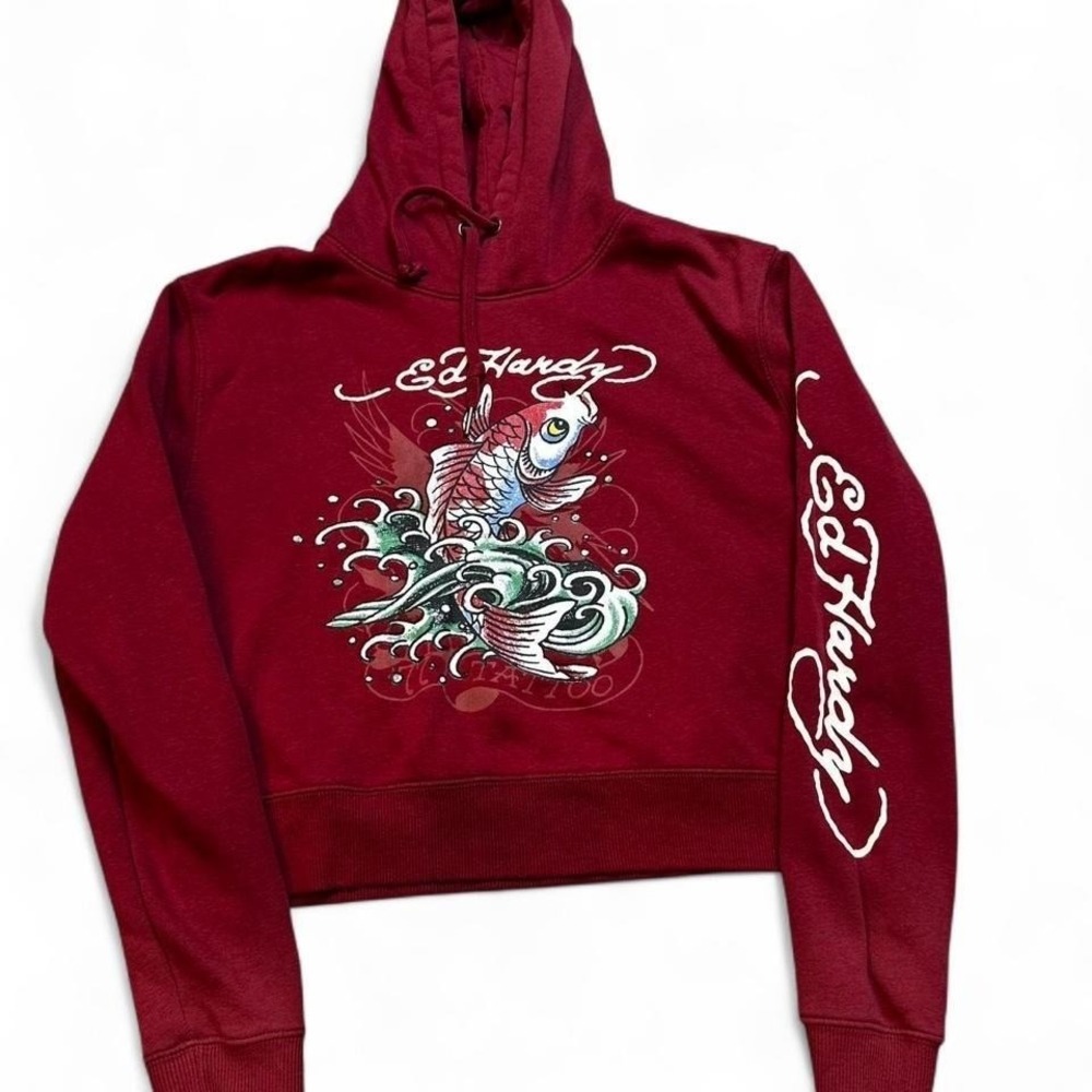 Ed Hardy Hoodie Koi Fish Cropped Women's large Red Sleeve Spellout Y2K‎ Skater